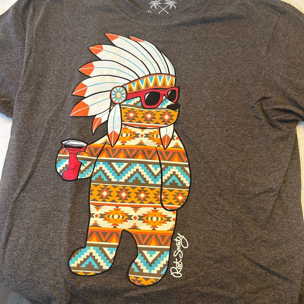 Riot Society Gray and Orange Short Sleeve Tee with Tribal Bear Design